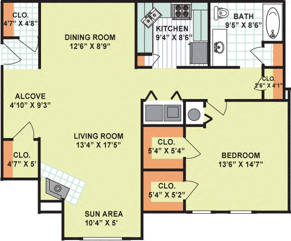 Floor plan for 1 bed, 1 bath, 1093 sqft